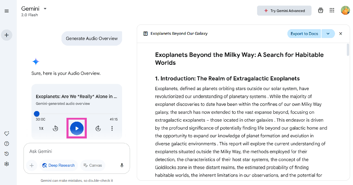 Step 6: Hit the play icon to listen to the podcast. How to generate podcasts using Google Gemini?