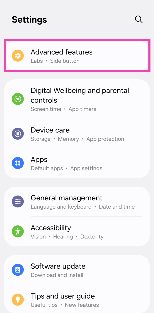 Step 1: Go to Settings and select Advanced features.