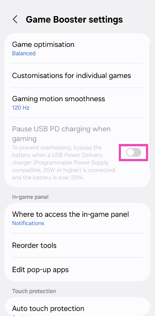 Step 3: Turn on the toggle switch next to Pause USB PD charging when gaming. 2 Ways to Enable Bypass Charging on Samsung Phones