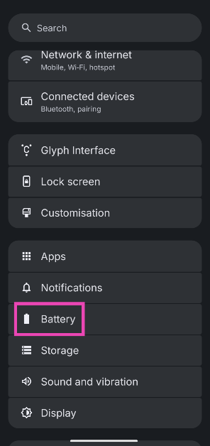 Step 1: Go to Settings and select Battery. How to check the battery health and set a custom charging limit on Nothing Phone?