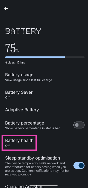 Step 2: Tap on Battery health. How to check the battery health and set a custom charging limit on Nothing Phone?