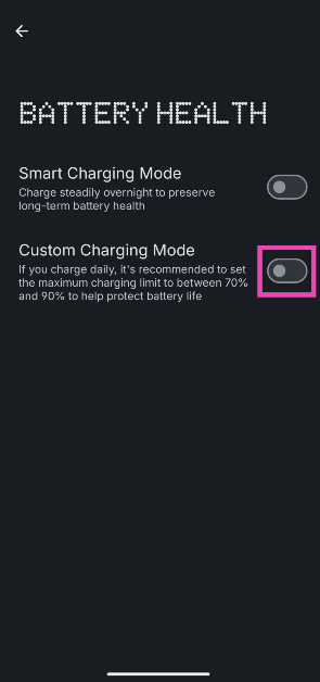 Step 3: Turn on the toggle switch next to Custom Charging Mode. How to check the battery health and set a custom charging limit on Nothing Phone?
