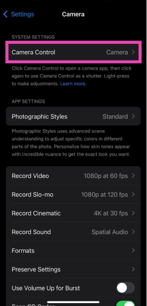 Step 2: Tap on Camera Control.