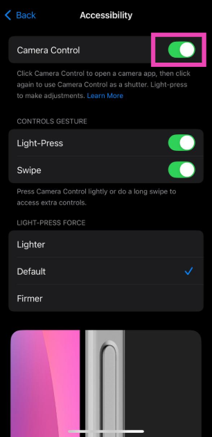 Step 4: Turn on the toggle switch next to Camera Control.