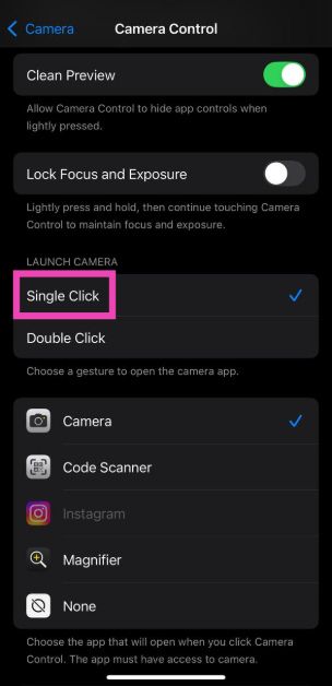 Step 3: Tap on Single Click under ‘Launch Camera’. Top 9 ways to fix ‘Camera Control button not working’ on iPhone 16