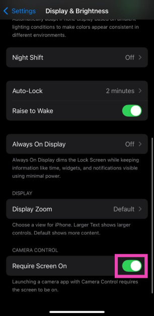Step 2: Scroll down and turn off the toggle switch next to Require Screen On under Camera Control. Top 9 ways to fix ‘Camera Control button not working’ on iPhone 16