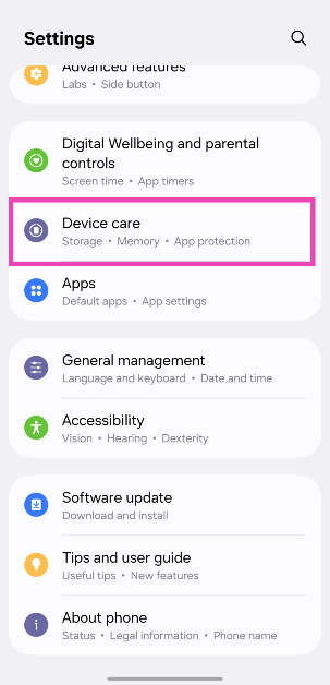 Step 1: Go to Settings and tap on Device care.