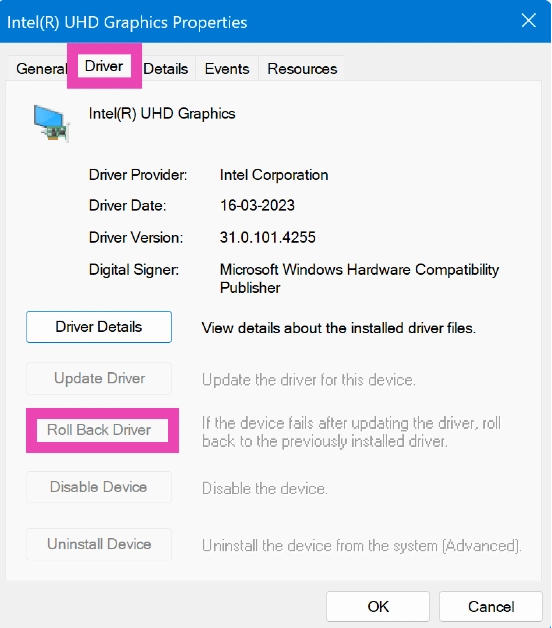 Step 4: Go to the Driver tab and select Roll Back Driver.