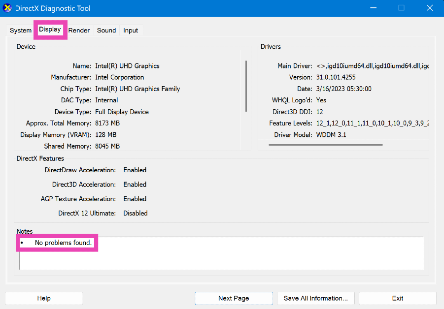 Step 3: Switch to the Display tab to find out what's causing the vertical lines on your monitor.