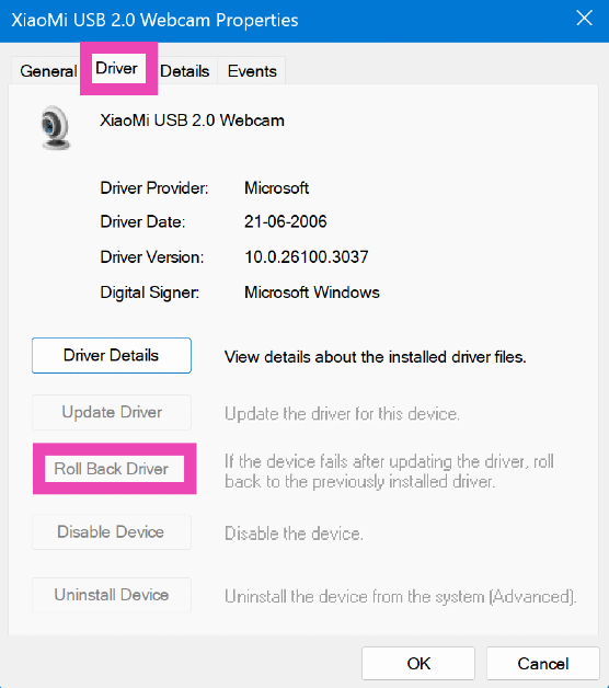 Step 4: Switch to the Driver tab and select Roll Back Driver. Top 10 Ways to Fix ‘Camera Not Working’ on Your Windows 11 PC or Laptop