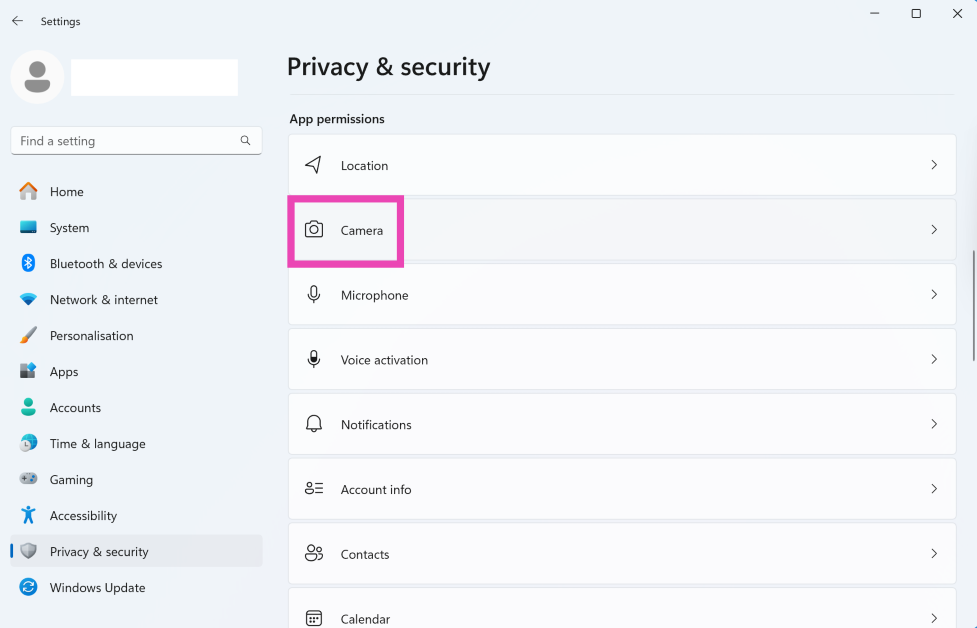 Step 2: Click on Camera under App permissions.