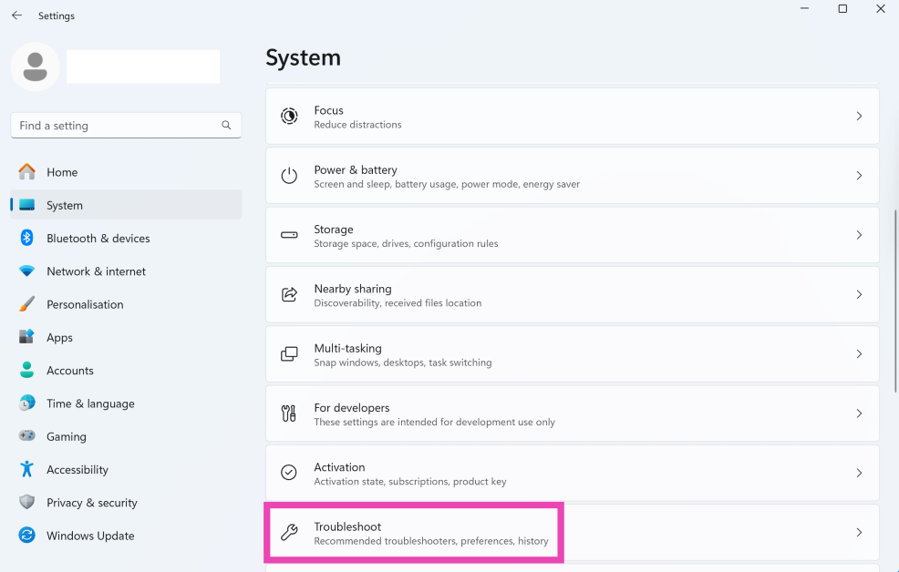 Step 2: Scroll down and click on Troubleshoot.