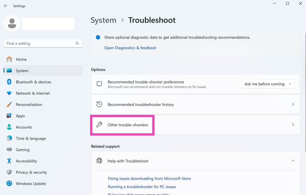 Step 3: Select Other troubleshooters.