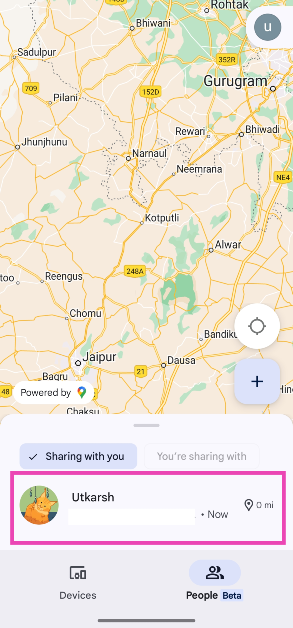 Step 3: You will land on the Sharing with you tab. Tap the contact’s name to view their live location.