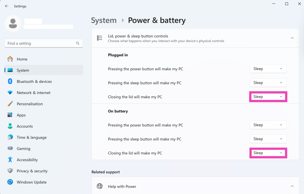 Step 4: Go to the Plugged in and On battery categories and expand the dropdown menus next to Closing the lid will make my PC. How to use your external monitor with a closed laptop?