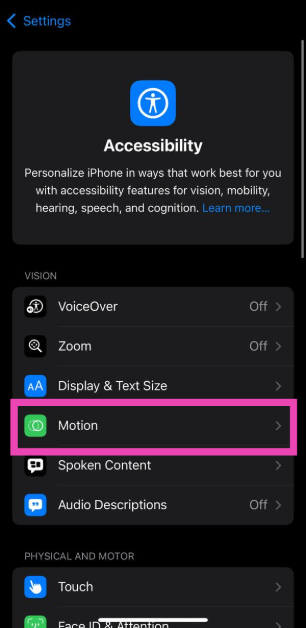 Step 2: Tap on Motion.