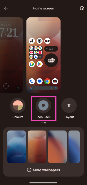 Step 3: Switch to the home screen section and tap on Icon Pack. How to hide the app labels from your Nothing Phone’s home screen?