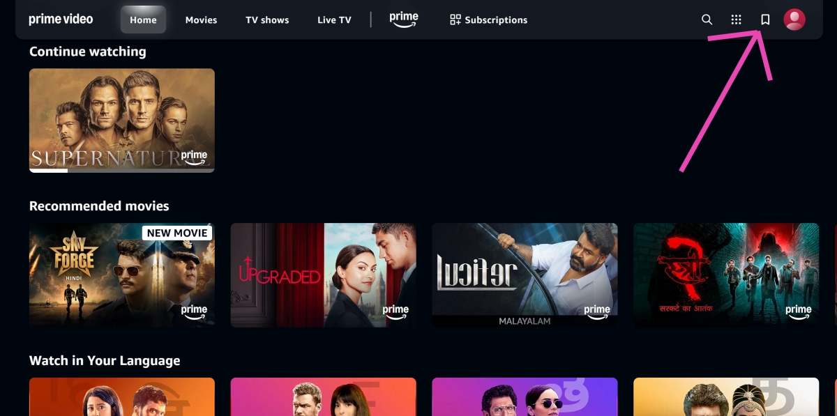 Step 2: Move your cursor to the bookmark icon in the top right corner of the screen and select Watchlist.