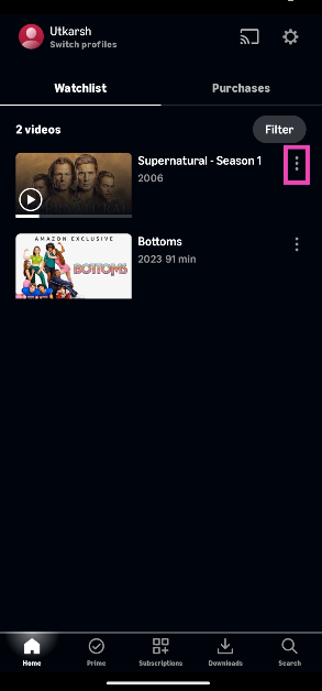 Step 3: In the Watchlist tab, hit the ellipses next to the title that you wish to remove. How to remove your watch history and watchlist on Amazon Prime Video (Desktop and Mobile)