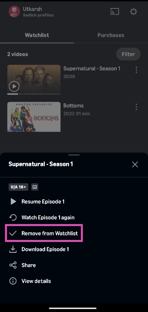 Step 4: Tap on Remove from watchlist. How to remove your watch history and watchlist on Amazon Prime Video (Desktop and Mobile)