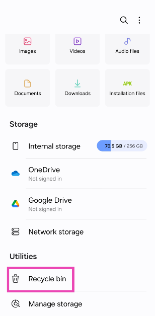 Step 2: Scroll down to Utilities and select Recycle bin.