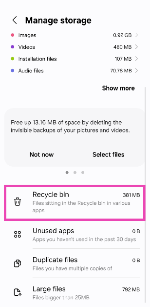 Step 3: Select Recycle bin.
