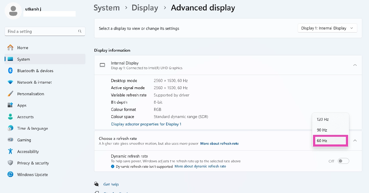 Step 4: Hit the dropdown menu next to Choose a refresh rate and set it to 60Hz.