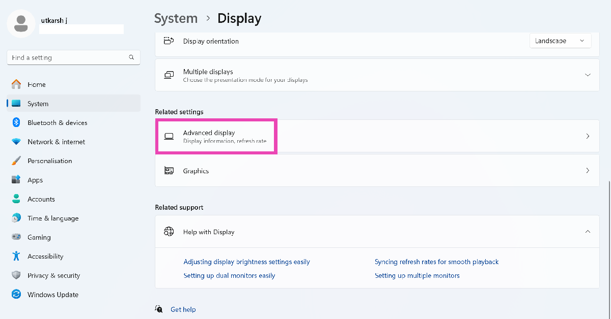 Step 3: Scroll down and click on Advanced display.