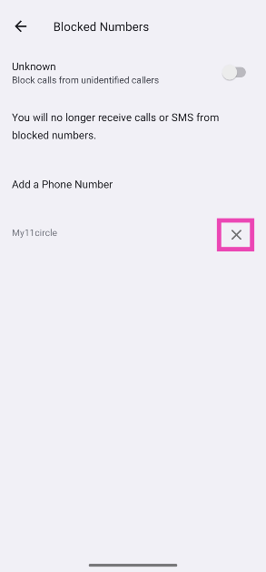 Step 6: Hit the cross icon next to the number you wish to unblock.