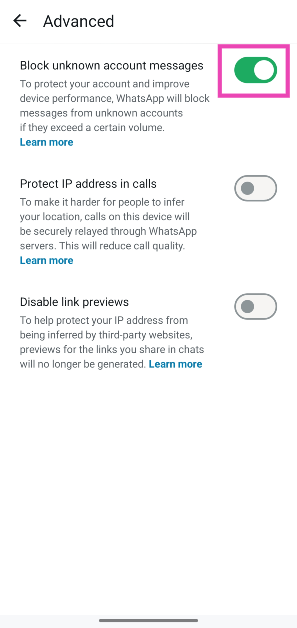 Step 5: Turn on the toggle switch next to Block unknown account messages.