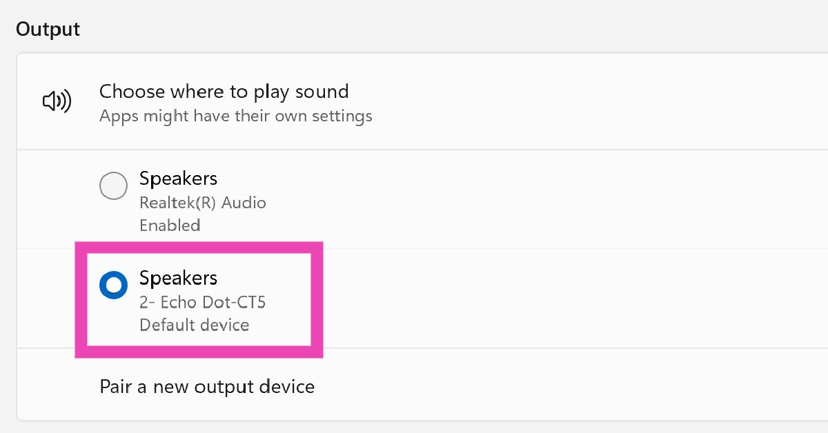 Step 3: Expand the Choose where to play sound category and select one of the output devices.
