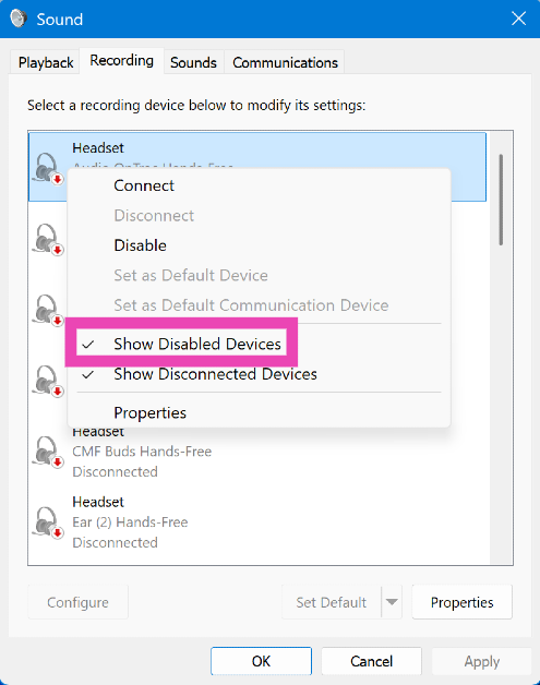 Step 5: Switch to the Recording tab. Right-click on any device and make sure ‘Show disabled devices’ is selected.