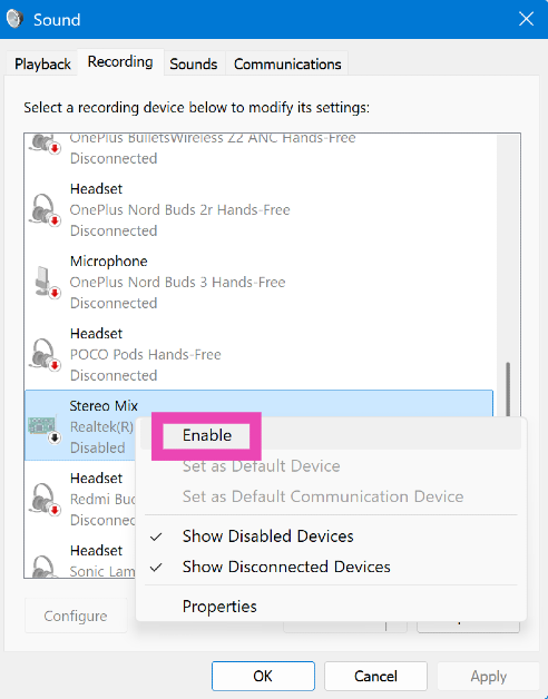 Step 6: Scroll down and right-click Stereo Mix. Select Enable. How to play audio from multiple speakers on your Windows 11 PC