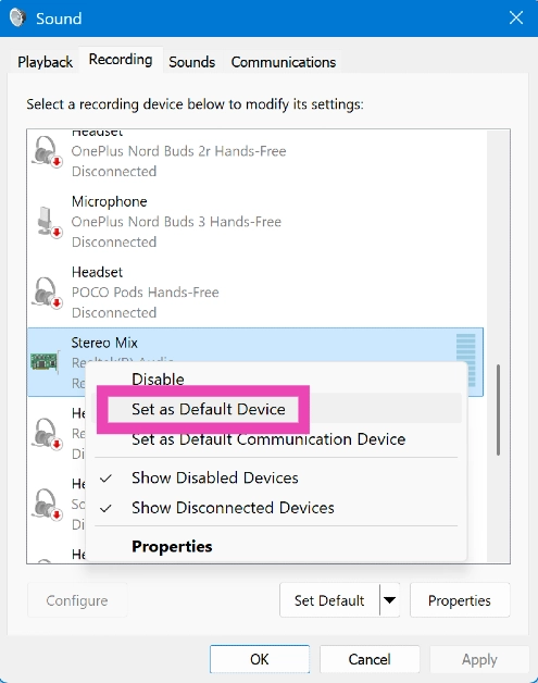 Step 7: Right-click Stereo Mix again and select Set as Default Device. How to play audio from multiple speakers on your Windows 11 PC