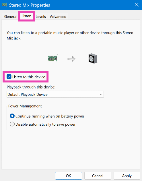 Step 9: Hit the checkbox next to Listen to this device. How to play audio from multiple speakers on your Windows 11 PC