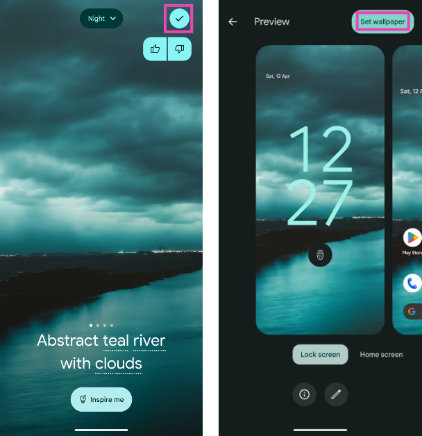 Step 10: If you like an image, tap the tick icon in the top right corner of the screen to set it as your lock screen and/or home screen wallpaper. How to generate AI wallpapers on Google Pixel