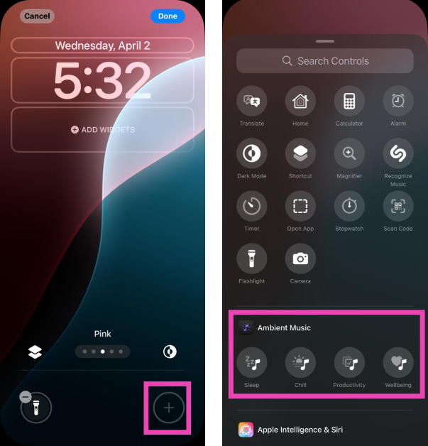 Step 5: Tap the plus icon and select an ambient music control.