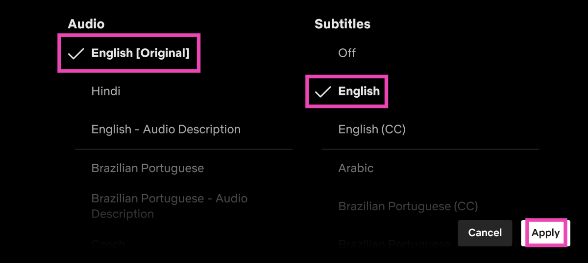 Step 3: Select English (or your preferred language) in the Audio category. How to Enable Dialogue-Only Subtitles on Netflix