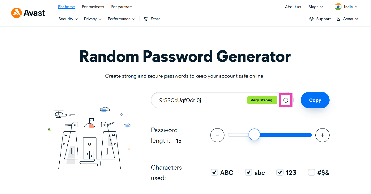 Step 2: A random password will appear on the screen. Copy it to your clipboard or hit the refresh icon to view a new one. How to create a strong password? Top examples of strong passwords