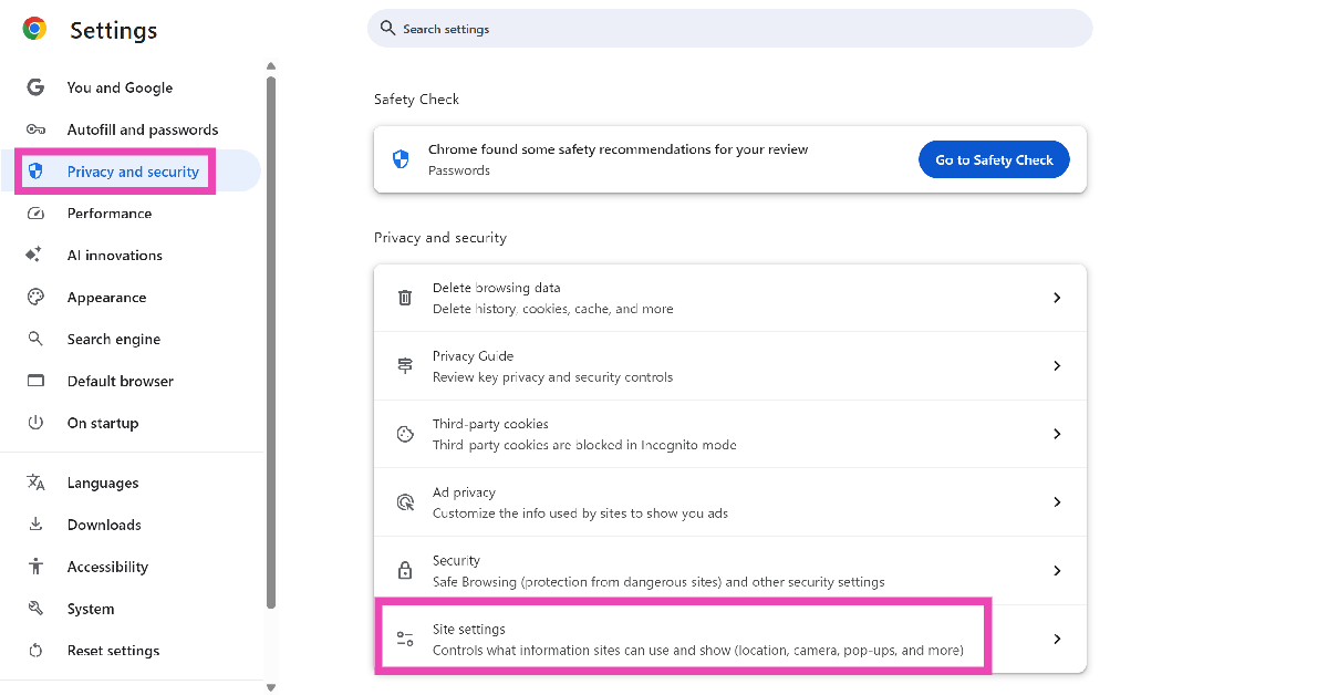 Step 3: Select Privacy and security from the sidebar and go to Site settings.