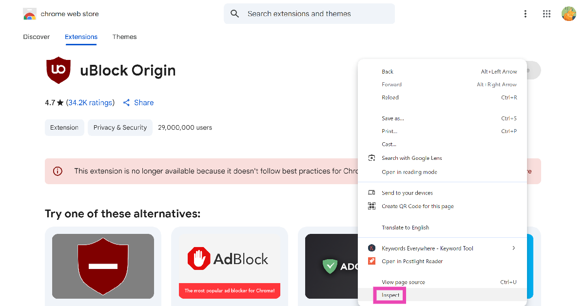 Step 2: You will notice that the Add to Chrome button has been greyed out. Right-click this button and select Inspect. How to Bypass YouTube’s AdBlock Detection