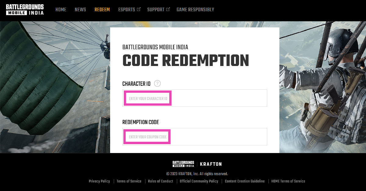 Step 3: Enter your Character ID followed by a Redemption Code. How to unlock free skins, outfits, and weapons with official BGMI redeem codes?