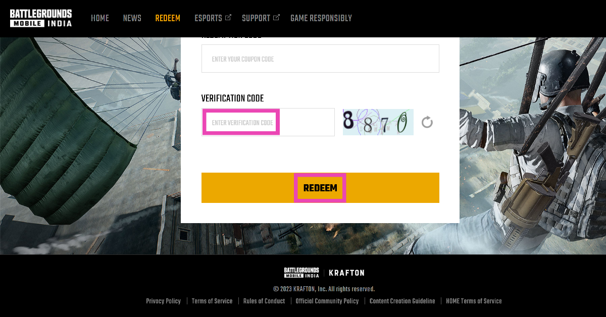 Step 4: Type the Verification Code displayed on the screen. How to unlock free skins, outfits, and weapons with official BGMI redeem codes?