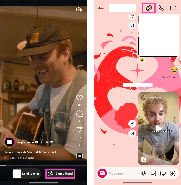 Step 3: Tap the Blend icon at the top of the screen. If you don’t view the icon, open a Reel in the chat and tap on Start a blend.