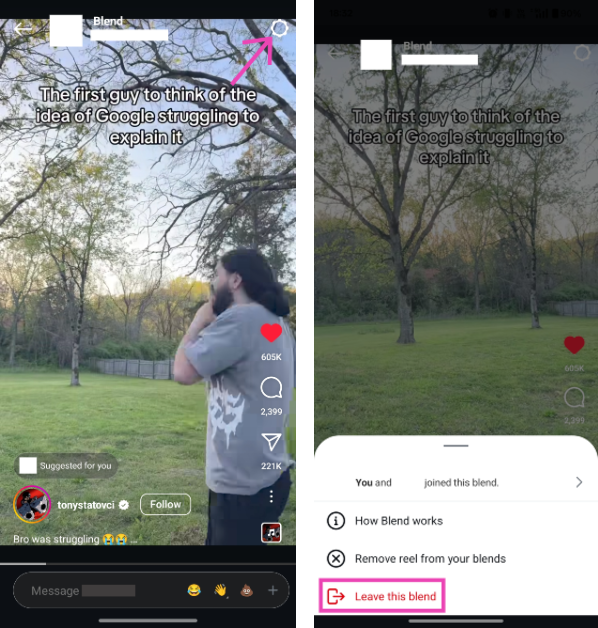 Step 7: To leave a blend, hit the gear icon in the top right corner of the screen and tap on Leave this blend. How to create an Instagram Reels blend with your friends?