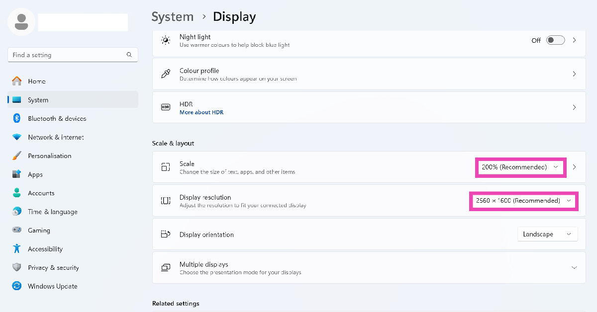Step 3: Click the dropdown menus next to Scale and Resolution, and select the recommended settings.