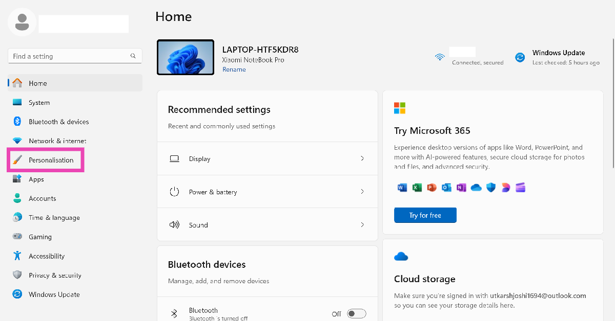 Step 1: Go to Settings and select Personalisation from the sidebar.