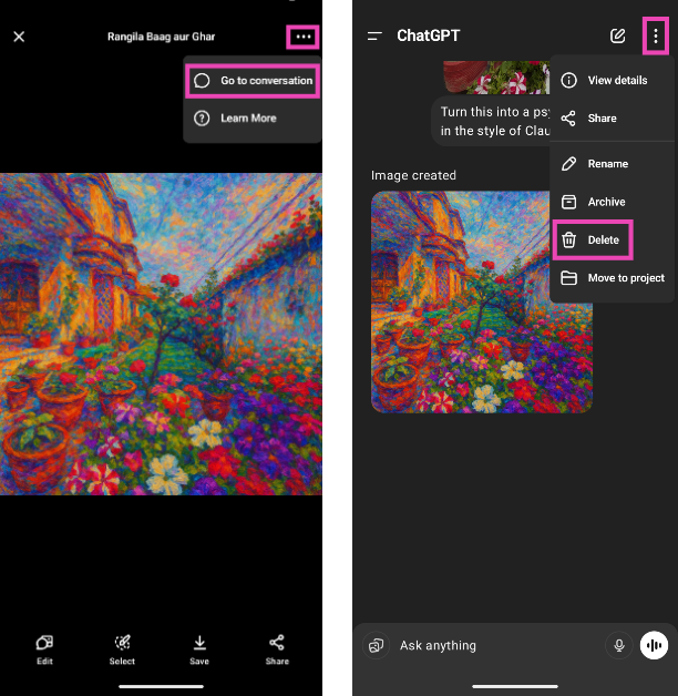Step 7: To delete the image, tap the ellipses in the top right corner of the screen and select Go to conversation. In the conversation, tap the ellipses again and select Delete. How to Use ChatGPT’s Image Library on Phone and PC