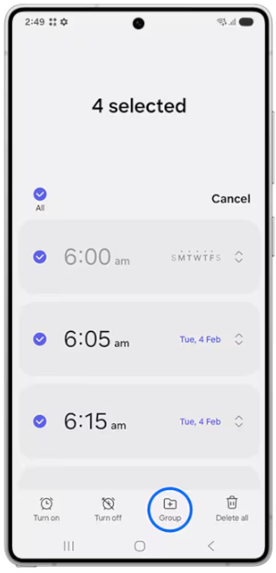 Step 3: Tap on Group at the bottom of the screen. How to create an alarm group on Samsung One UI 7