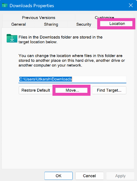Step 3: Switch to the Location tab and click on Move.